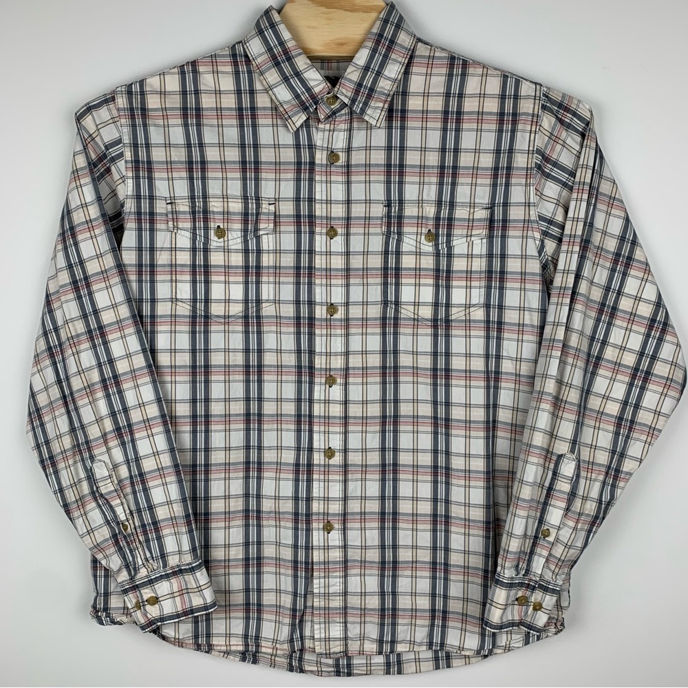 Lee Dungarees Men’s XL Long Sleeve White Blue Plaid Button Up Shirt Dual Pockets